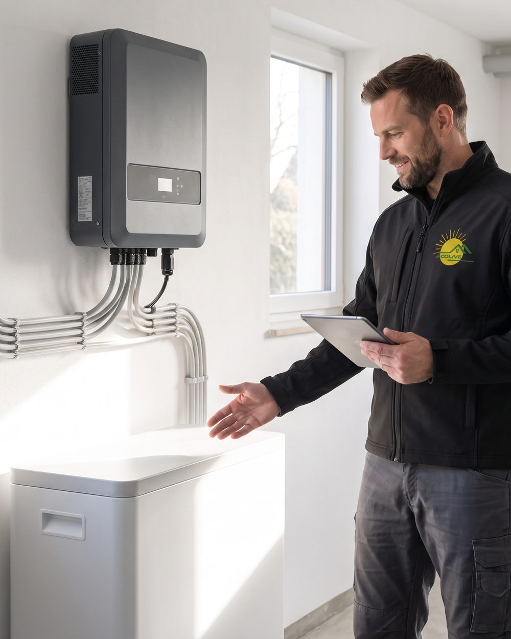 Technicien Ecolive mettant en service une batterie domestique blanche et un onduleur dans un local technique