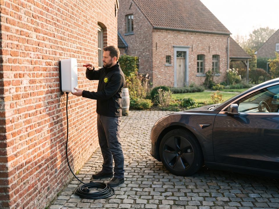 Borne de recharge murale posée à côté d'un garage, câble branché sur une voiture électrique