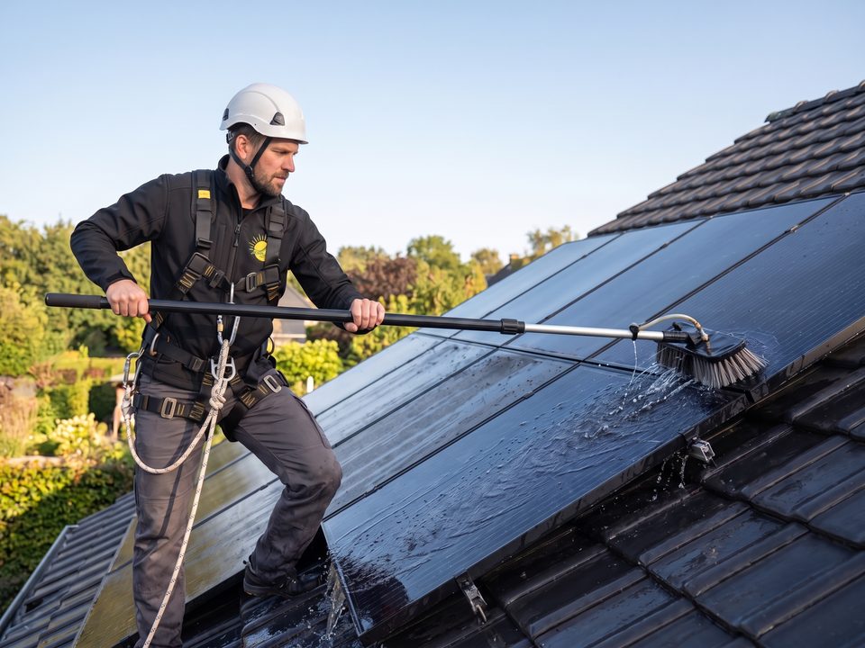 Technicien Ecolive nettoyant des panneaux photovoltaïques avec une brosse à eau osmosée sur perche télescopique
