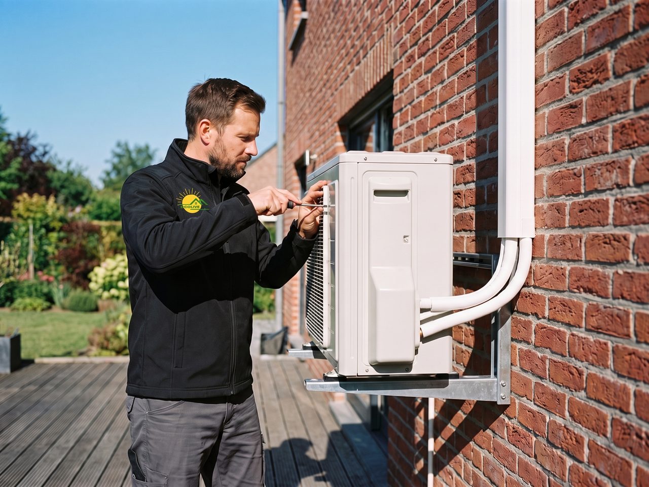 Technicien Ecolive fixant une unité extérieure de climatisation sur une console murale, façade en briques