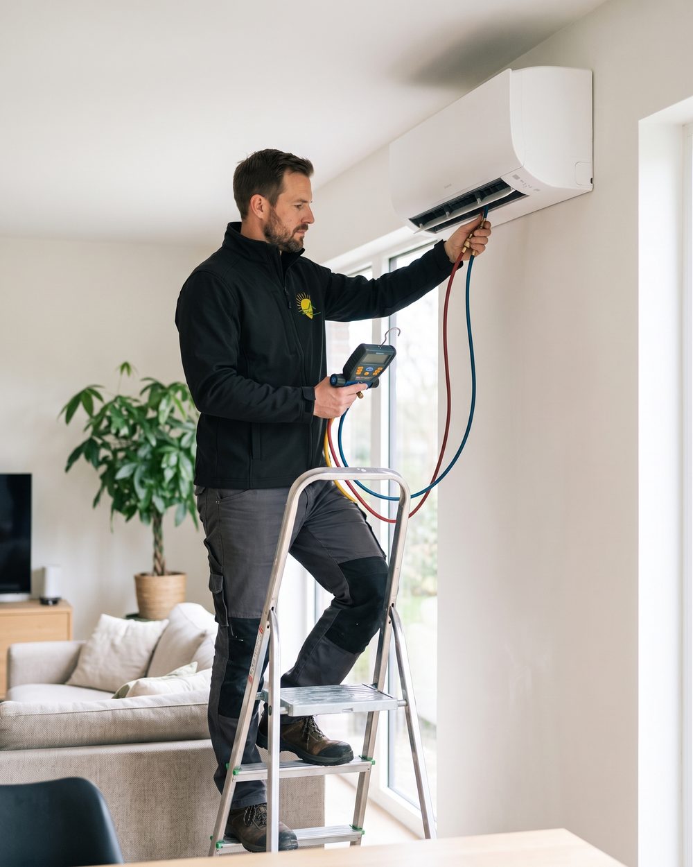 Technicien Ecolive sur un escabeau, mettant en service une unité intérieure murale de climatisation dans un salon lumineux