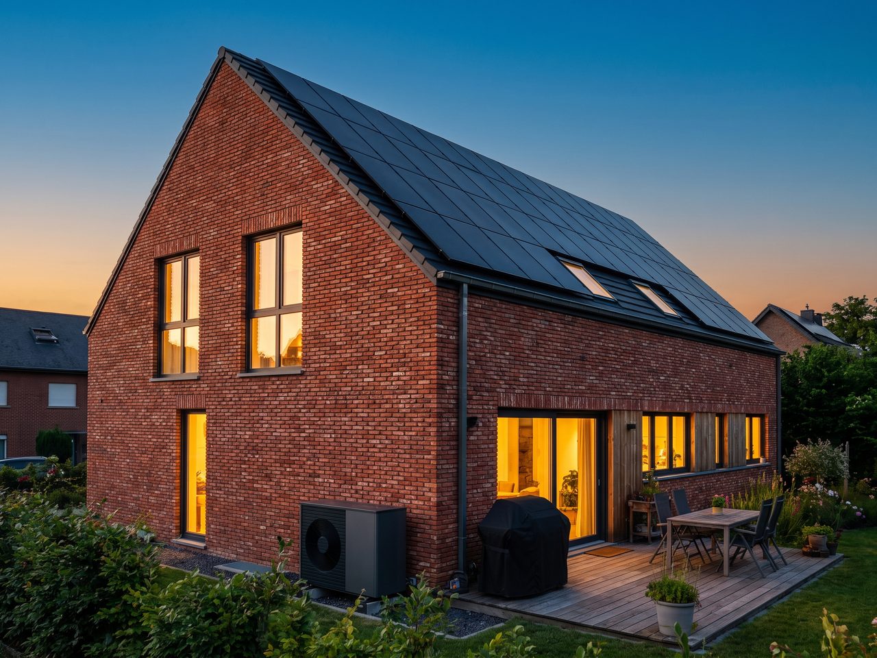 Maison équipée de panneaux photovoltaïques et d'une pompe à chaleur air-eau : le duo de l'autoconsommation