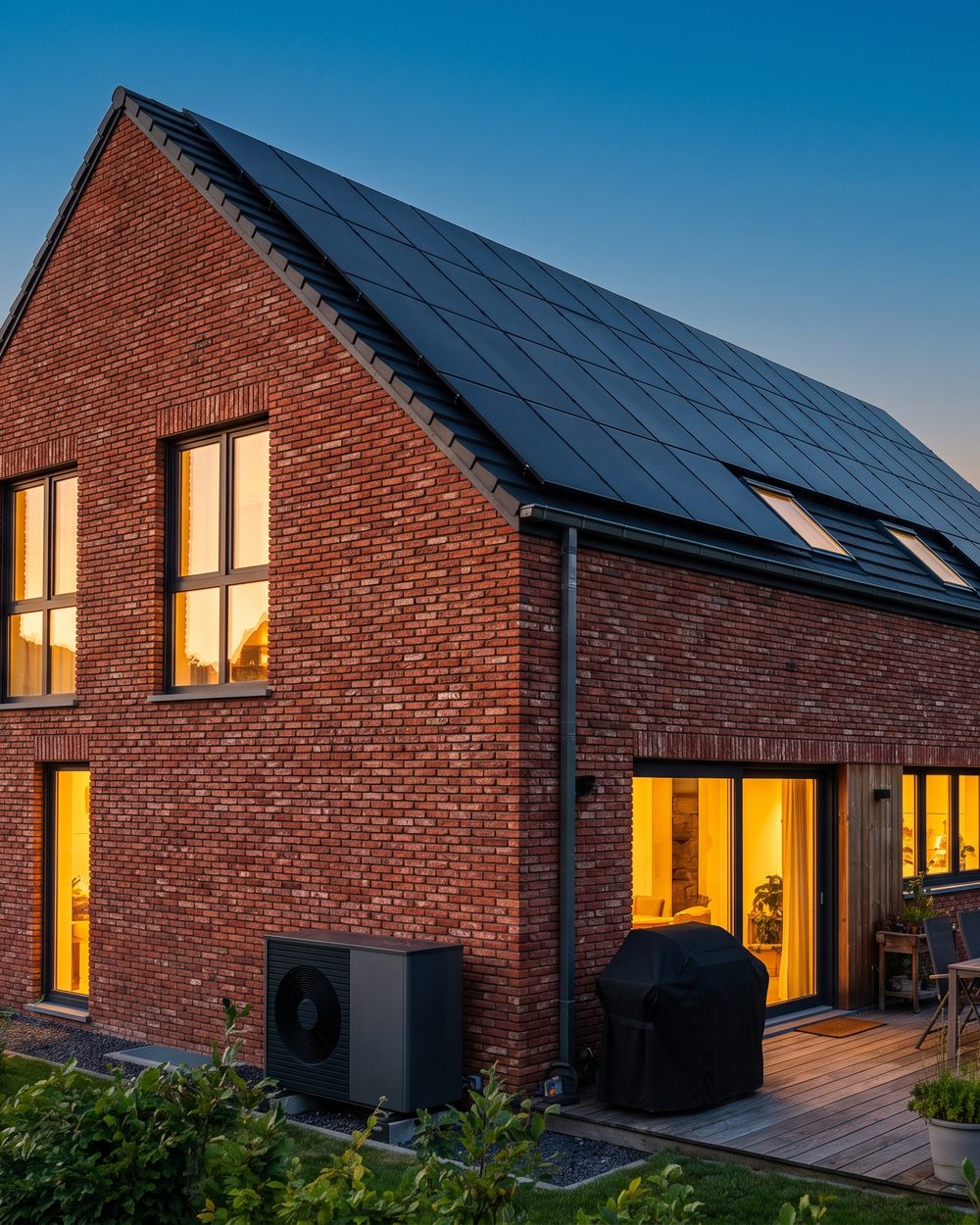 Maison wallonne en briques avec panneaux photovoltaïques sur le toit et pompe à chaleur au pied de la façade, en soirée