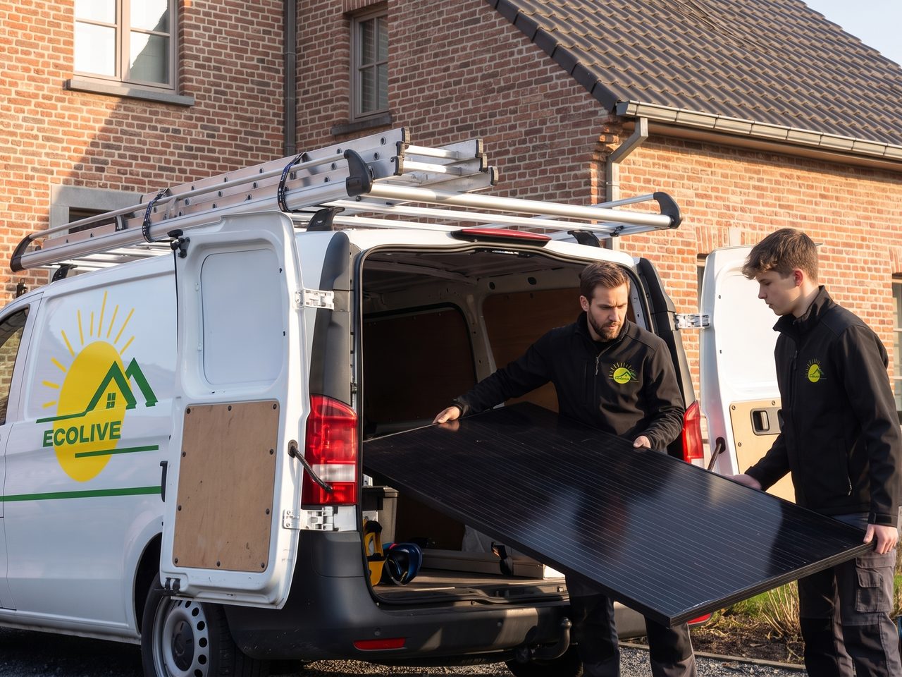 Deux techniciens Ecolive déchargent un panneau photovoltaïque de la camionnette devant une maison en briques