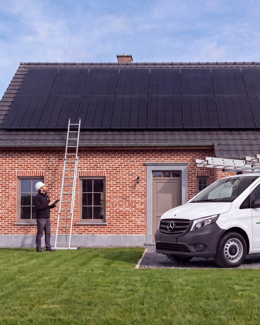 Toiture en tuiles anthracite en bon état entièrement couverte de panneaux photovoltaïques, camionnette Ecolive devant la maison