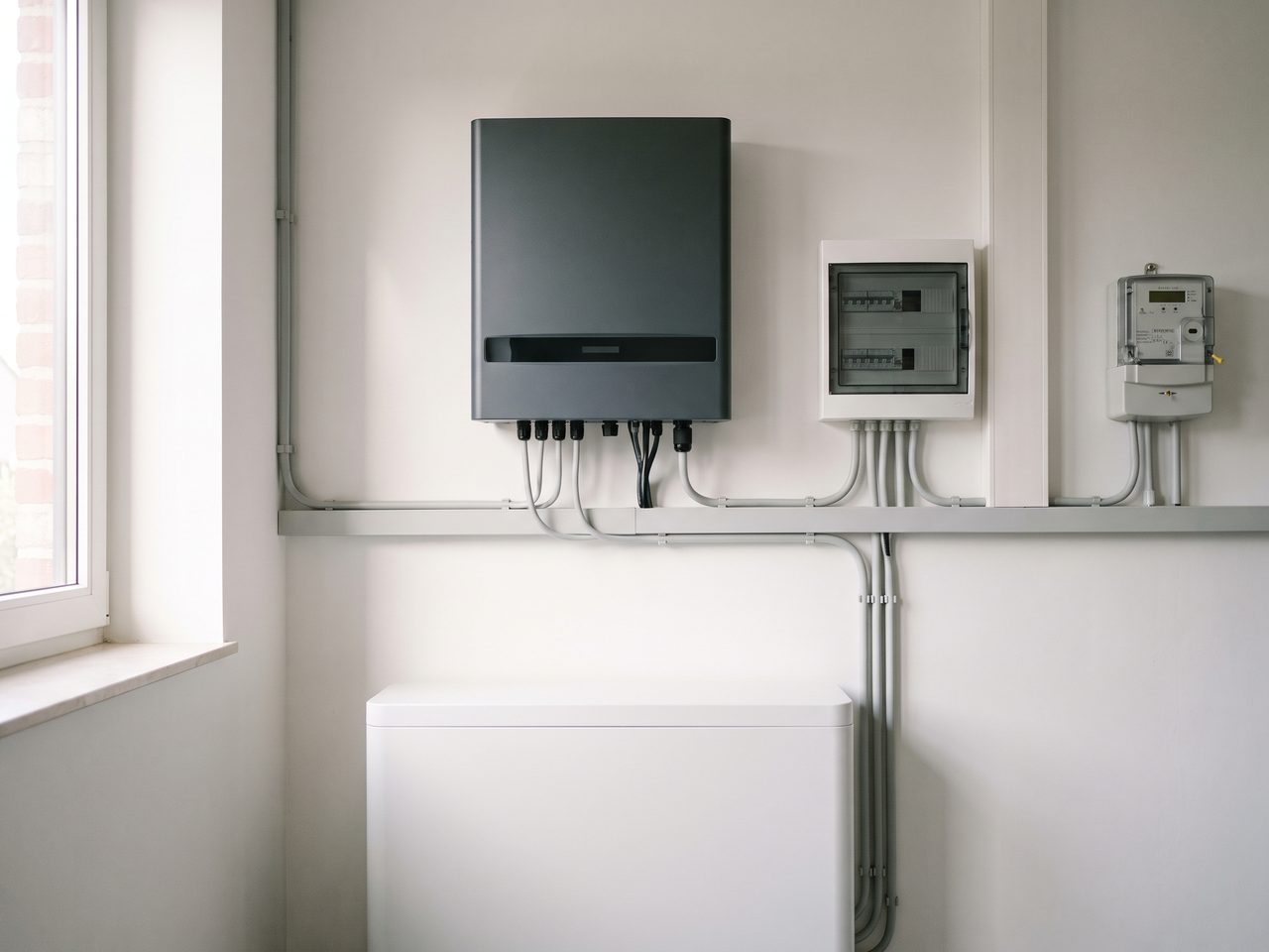 Onduleur photovoltaïque et batterie domestique installés proprement dans un local technique, câbles gainés