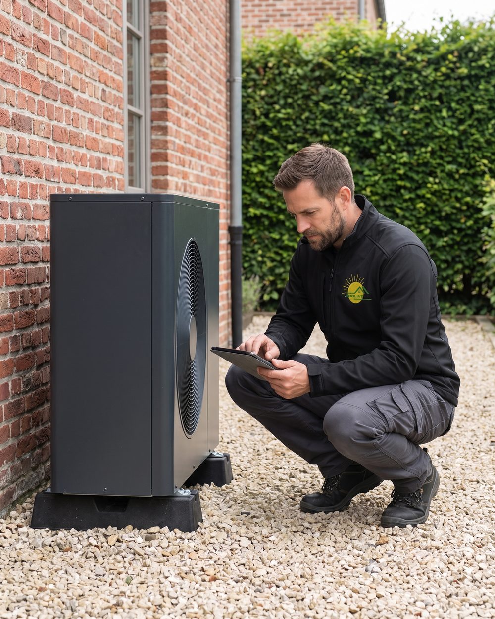 Technicien Ecolive accroupi devant une unité extérieure de pompe à chaleur air-eau, tablette à la main, façade en briques