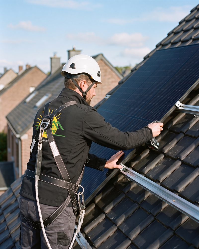 Technicien Ecolive, harnais de sécurité, fixant un panneau photovoltaïque noir sur une toiture en tuiles anthracite