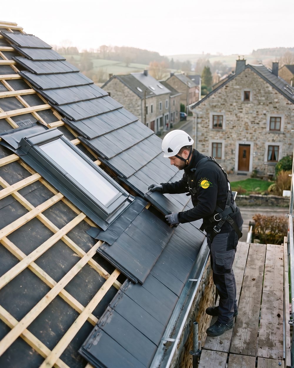 Couvreur Ecolive posant une tuile anthracite neuve sur une toiture en rénovation, liteaux, sous-toiture et fenêtre de toit